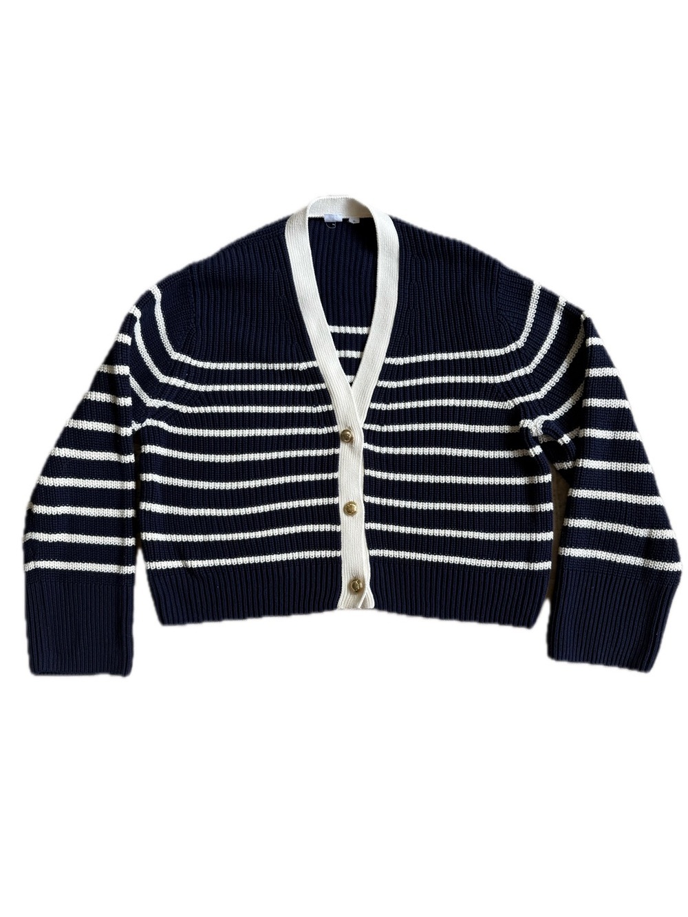 GAP Navy and White Oversized Striped V-Neck Cardigan With Gold Buttons - Picture 3 of 8